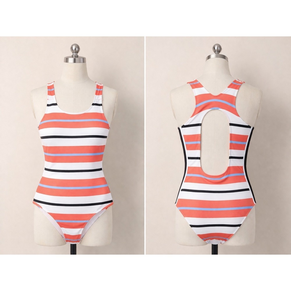 C&F Striped One Piece Swimsuit Women's S Coral White Blue‎ Black High Neck...